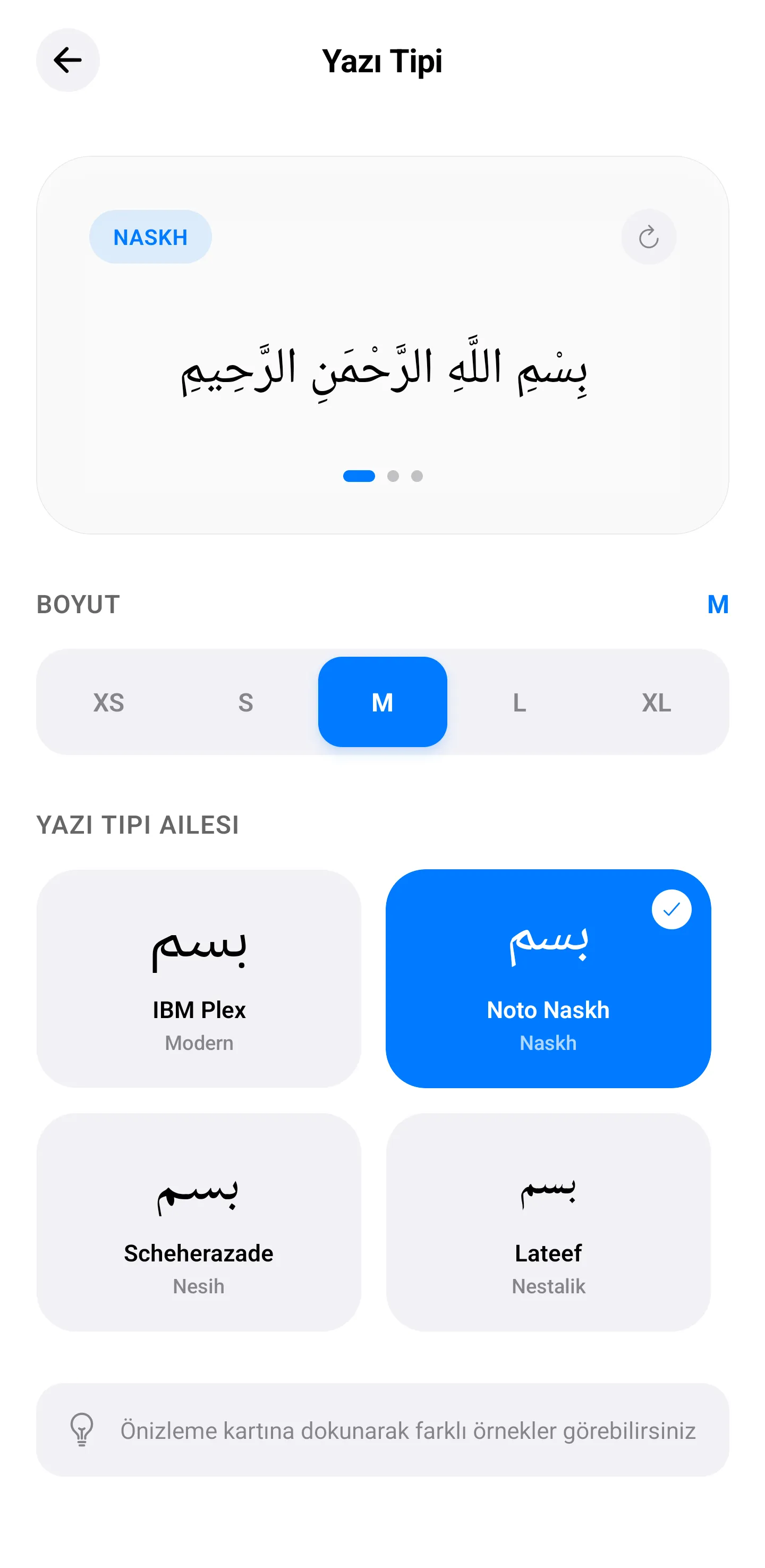 Arapça yazı tipi seçenekleri ve yazı boyutu ayarı ekranı